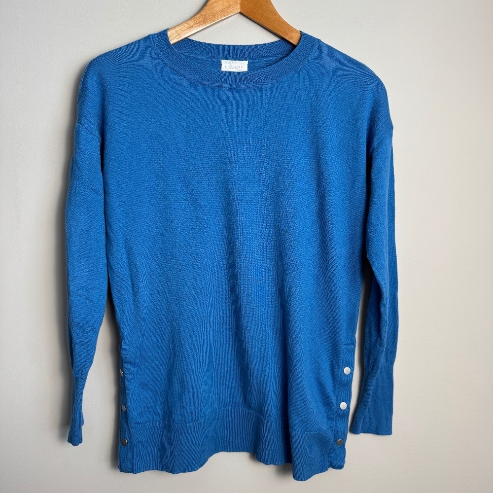 CASLON Women's Lightweight Long Sleeve Sweater‎ Blue Size Small Snap Up Side Hem